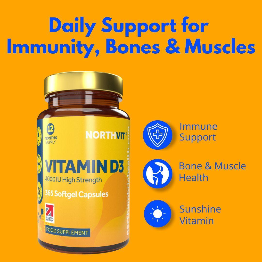 NorthVit Vitamin D3 4000IU bottle on a bright yellow background with health benefit icons.