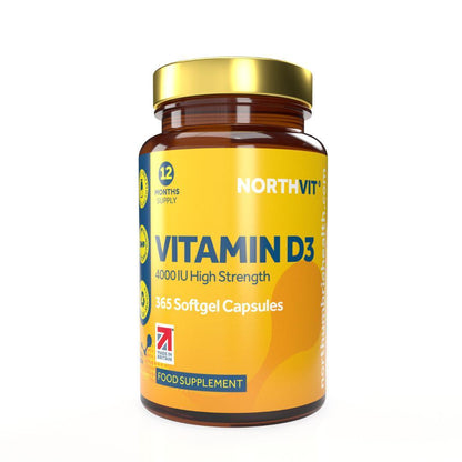 NorthVit Vitamin D3 4000IU amber bottle with a gold lid and yellow label.