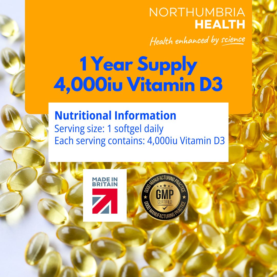 Northumbria Health Vitamin D3 4000iu softgel capsules with nutritional info and GMP logo.