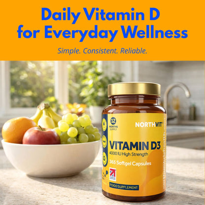 Northvit Vitamin D3 4000 IU bottle next to a bowl of fresh fruit on a kitchen counter.