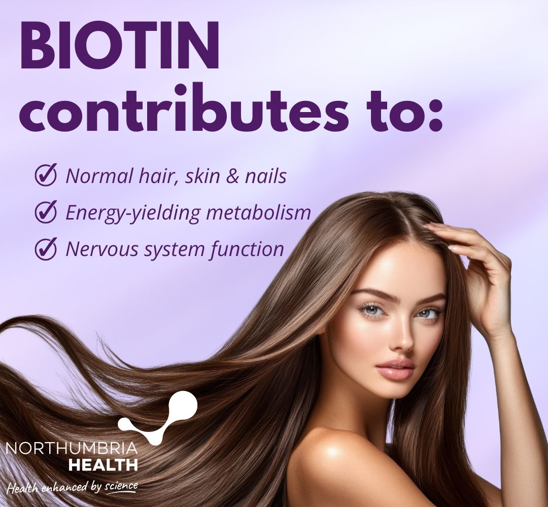 Woman with long brown hair on purple background listing Biotin benefits.