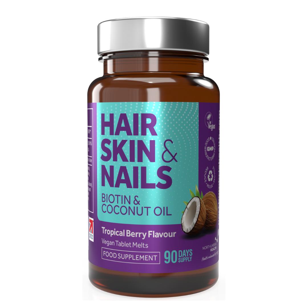 Amber bottle of Hair, Skin & Nails biotin vegan melts with a silver cap.