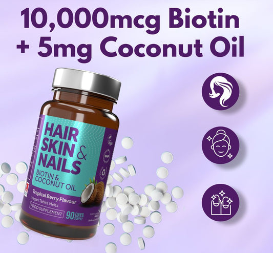 Biotin and Coconut Oil vegan melts bottle with white tablets on a purple background