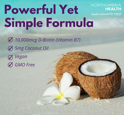 Northumbria Health Biotin melts with coconut oil on a sandy beach.