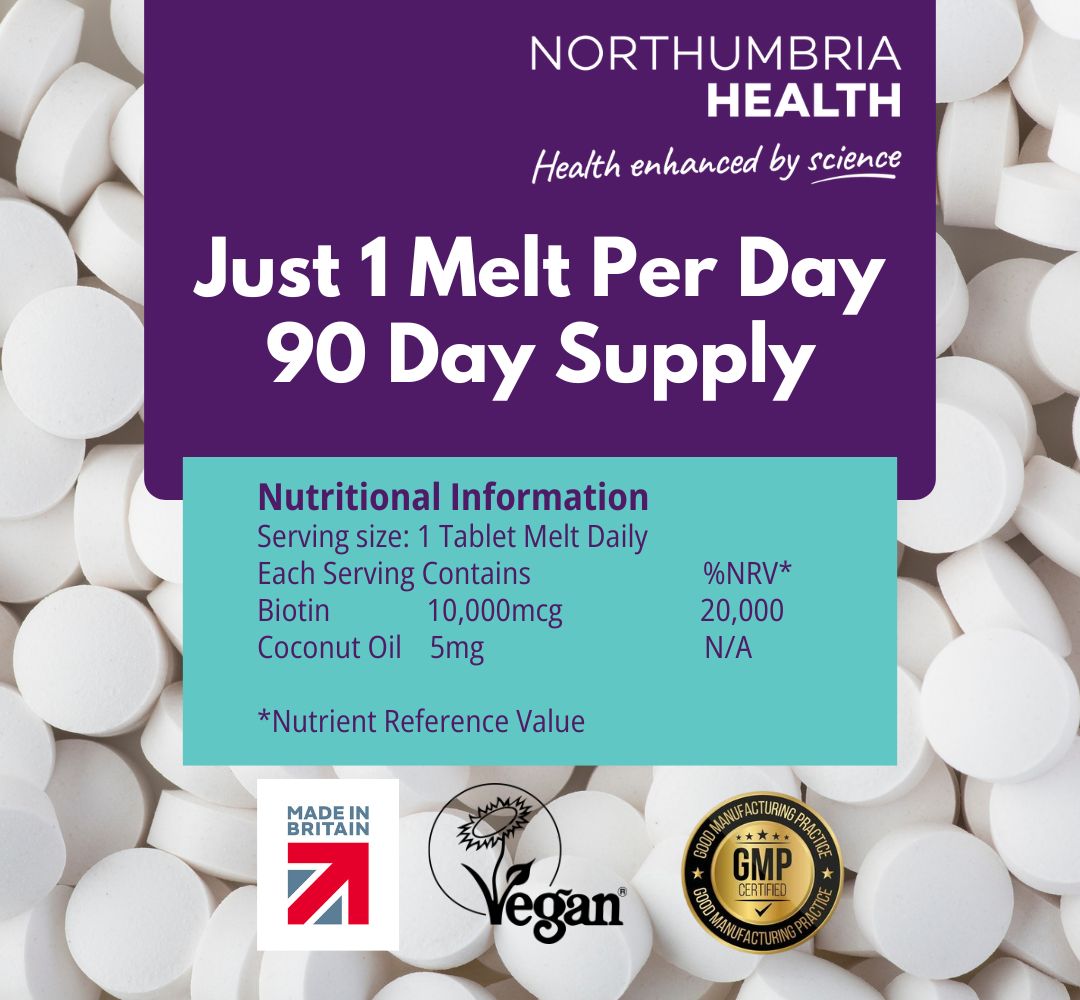 Northumbria Health Biotin 10,000mcg vegan melt tablets nutritional information label.
