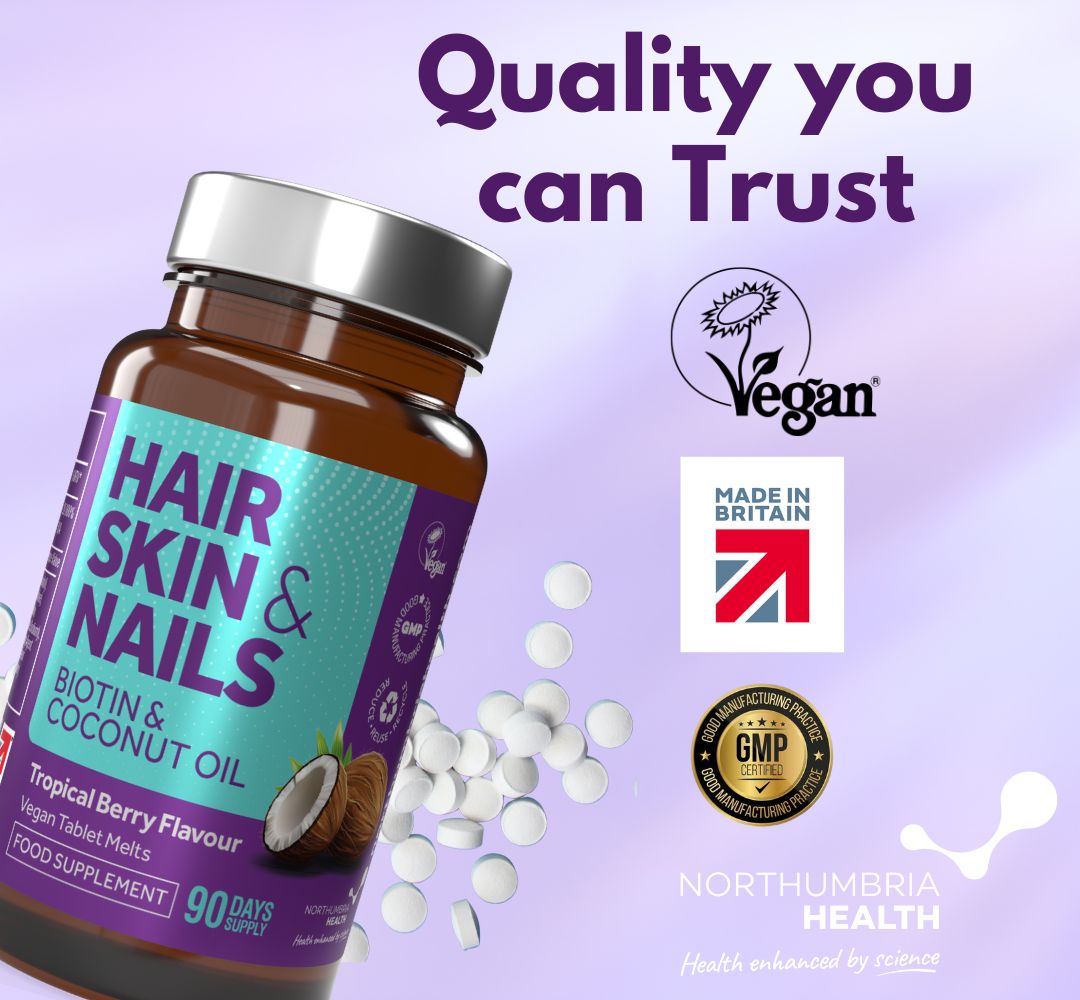 Northumbria Health Hair, Skin & Nails biotin bottle with white vegan tablet melts.