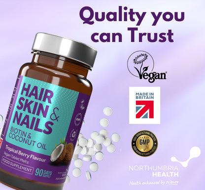 Northumbria Health Hair, Skin & Nails biotin bottle with white vegan tablet melts.