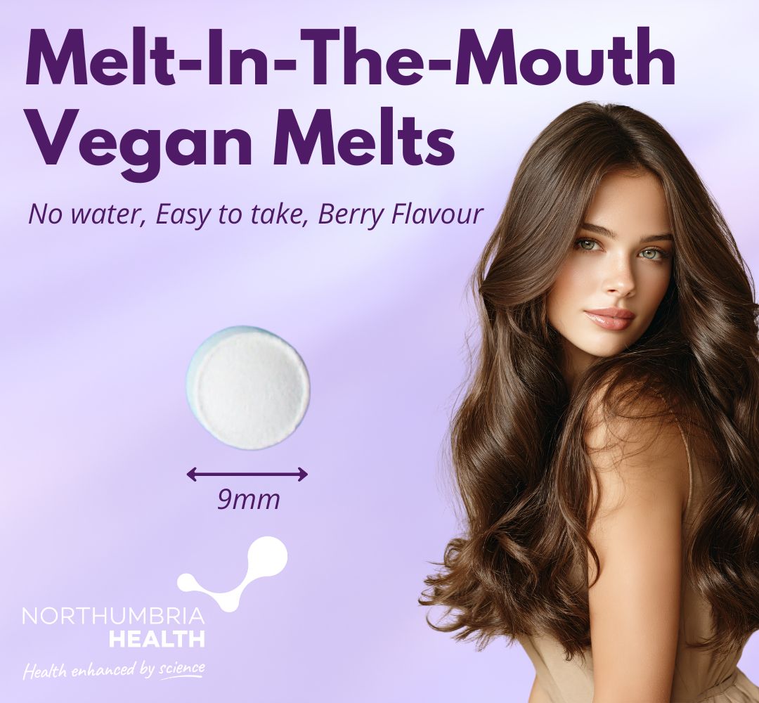 Northumbria Health 9mm vegan biotin melt next to a woman with long, healthy brown hair.