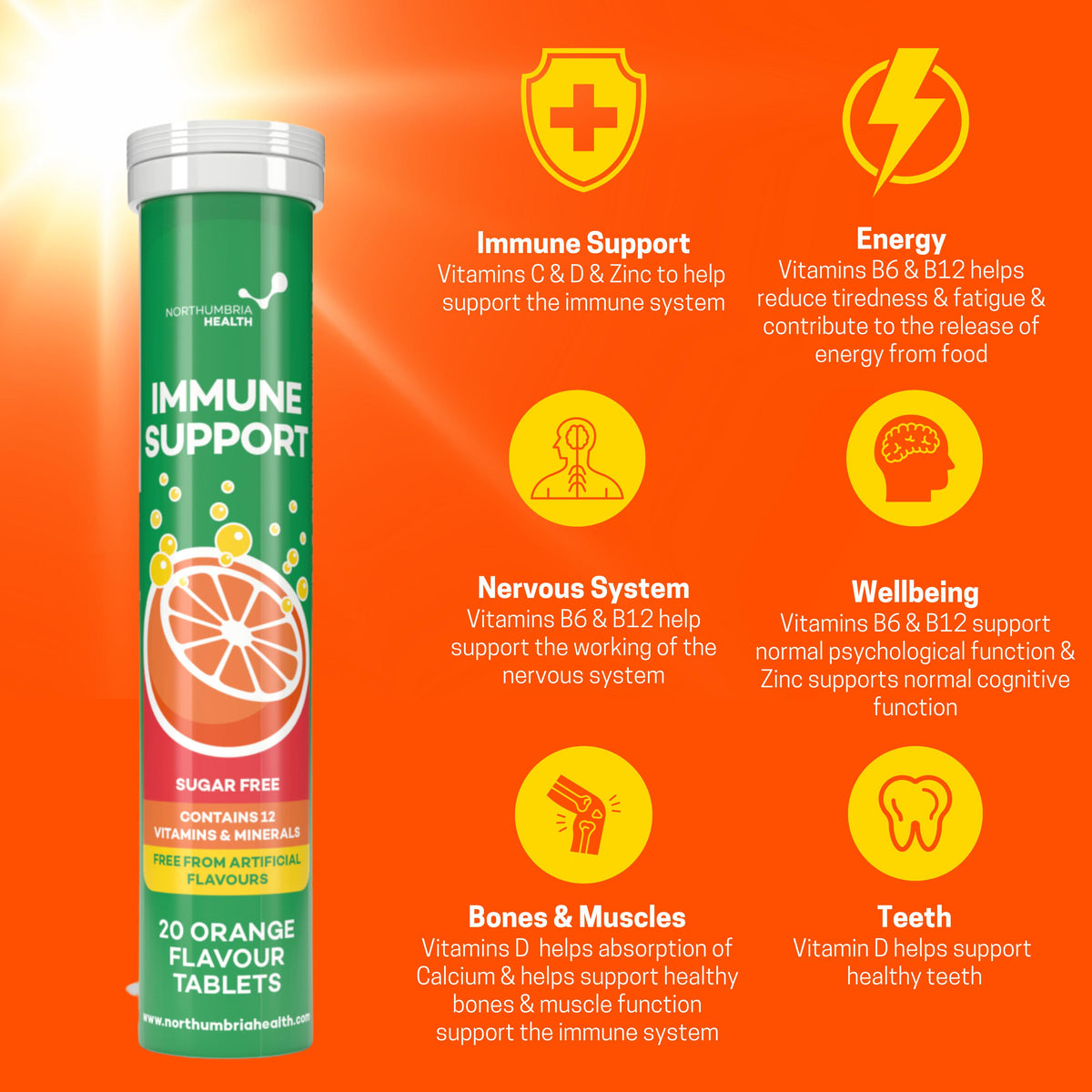 Northumbria Health Immune Support effervescent tablets tube on an orange infographic background.