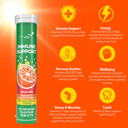 Northumbria Health Immune Support effervescent tablets tube on an orange infographic background.