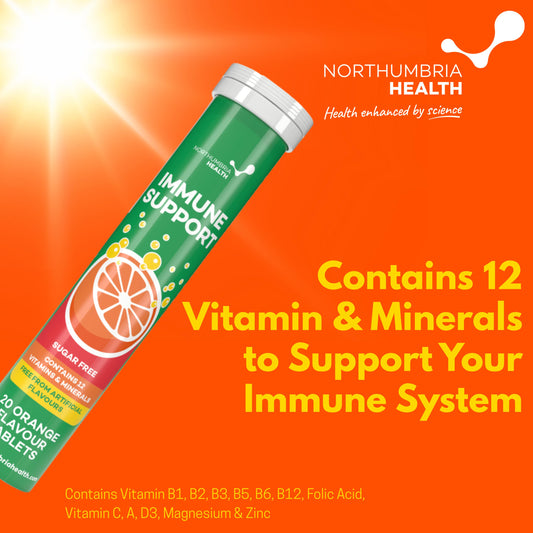 Northumbria Health Immune Support orange effervescent tablets tube on a bright orange background.