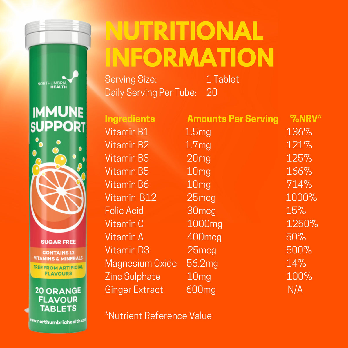 Nutritional information chart for Immune Support effervescent tablets on an orange background.