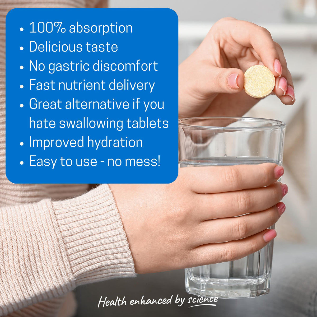 Dropping an orange effervescent Vitamin C tablet into a glass of water, with product benefits listed.