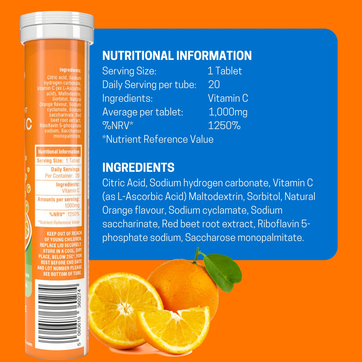 Vitamin C 1000mg effervescent tablets nutritional information on a blue and orange background.