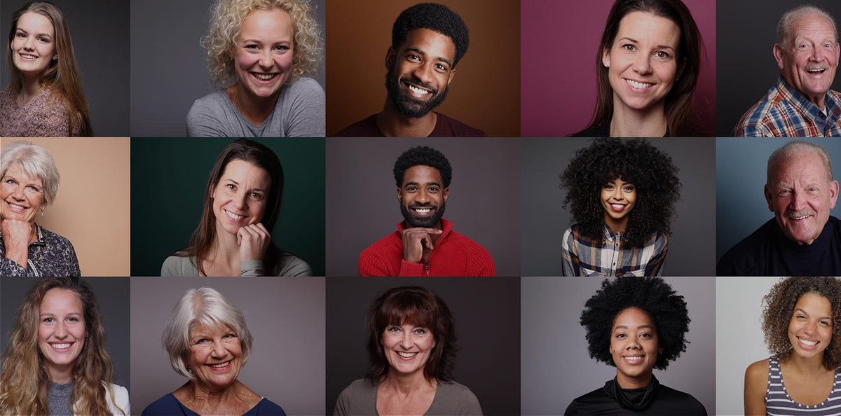 Grid of fifteen diverse, smiling people of various ages and ethnicities on colorful backgrounds.