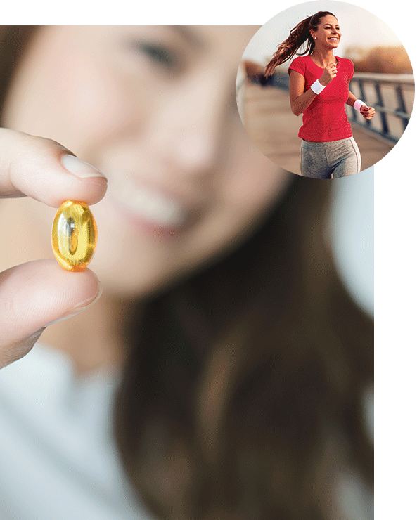 Hand holding a yellow supplement capsule with a blurred background and inset of a woman exercising.