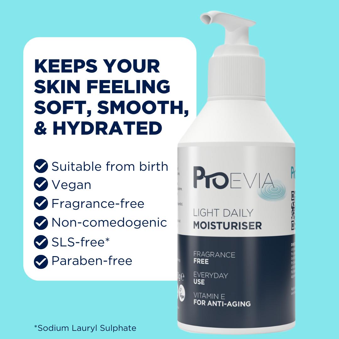 ProEvia Light Daily Moisturiser 250g pump bottle with key product benefits on a blue background