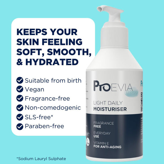 ProEvia Light Daily Moisturiser 250g pump bottle with key product benefits on a blue background