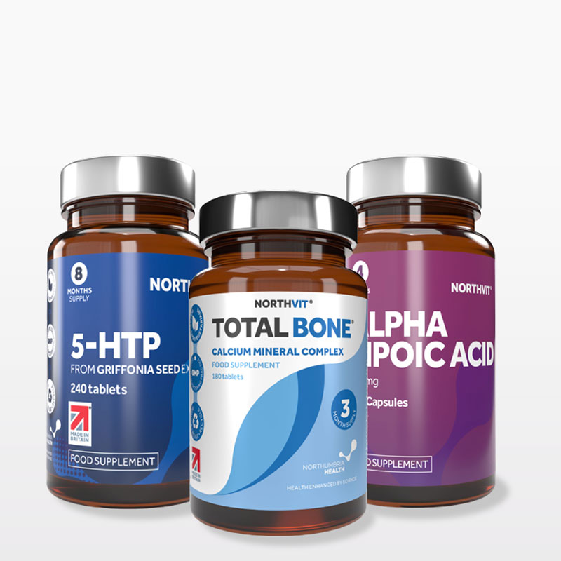 Three supplement bottles labeled '5-HTP', 'Total Bone', and 'Alpha Poic Acid' on a white background.