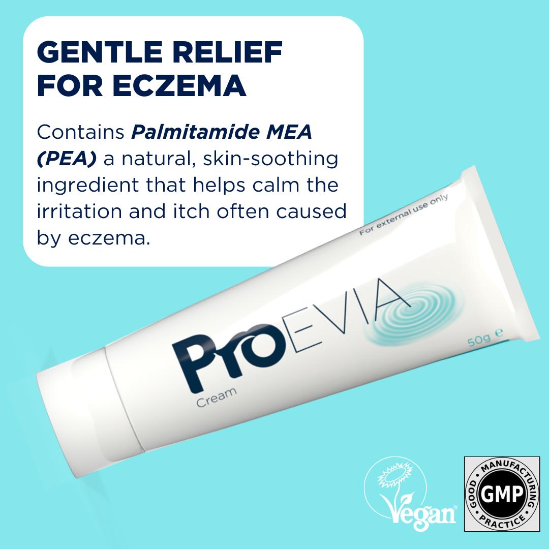ProEvia Cream 50g tube for eczema relief on a light blue background