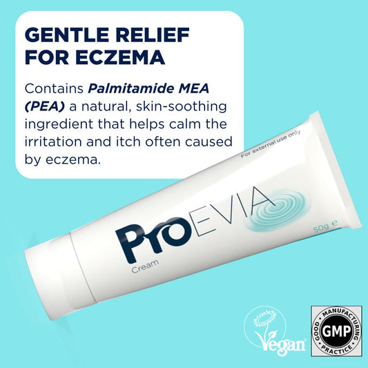 ProEvia Cream 50g tube for eczema relief on a light blue background