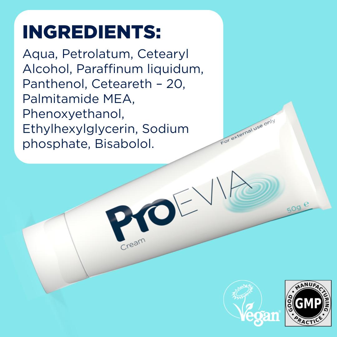 ProEvia Cream 50g tube with ingredients list on a light blue background.