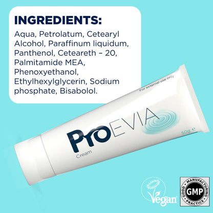 ProEvia Cream 50g tube with ingredients list on a light blue background.