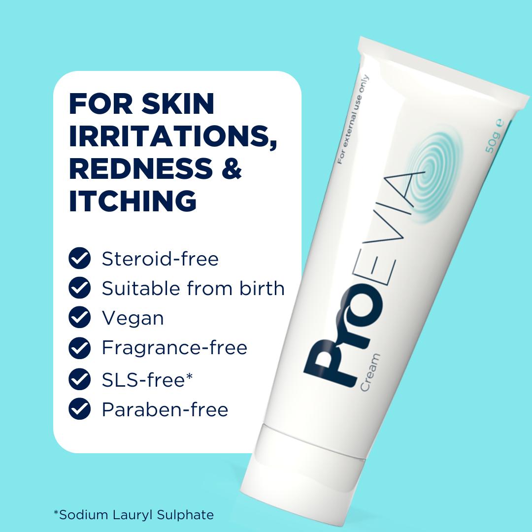 ProEvia Cream 50g tube for skin irritations, redness, and itching on a blue background.