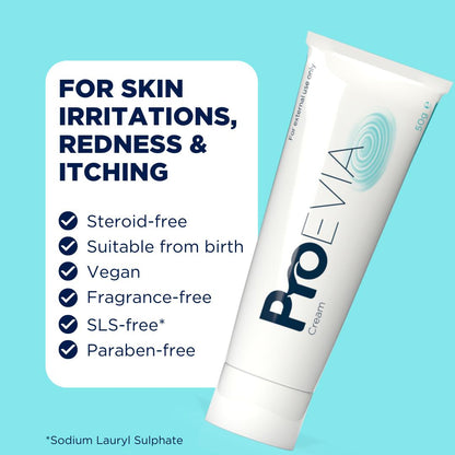 ProEvia Cream 50g tube for skin irritations, redness, and itching on a blue background.