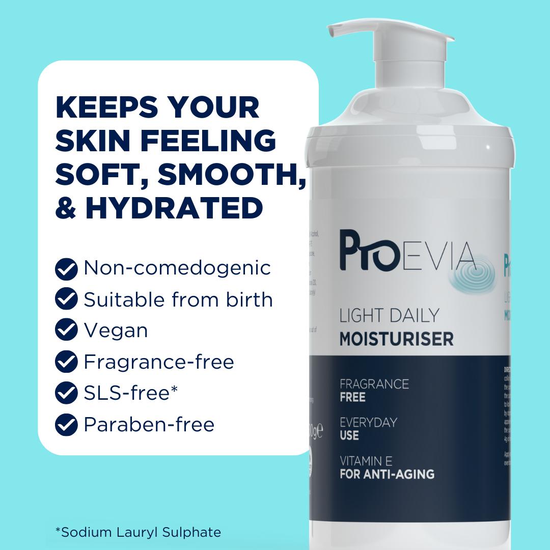 ProEvia Light Daily Moisturiser 500g pump bottle on a light blue background with product benefits.