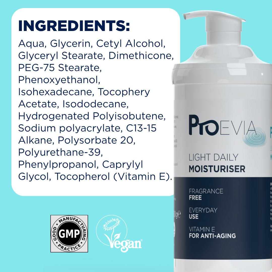 ProEvia Light Daily Moisturiser pump bottle next to its ingredient list on a blue background.
