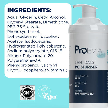 ProEvia Light Daily Moisturiser pump bottle next to its ingredient list on a blue background.