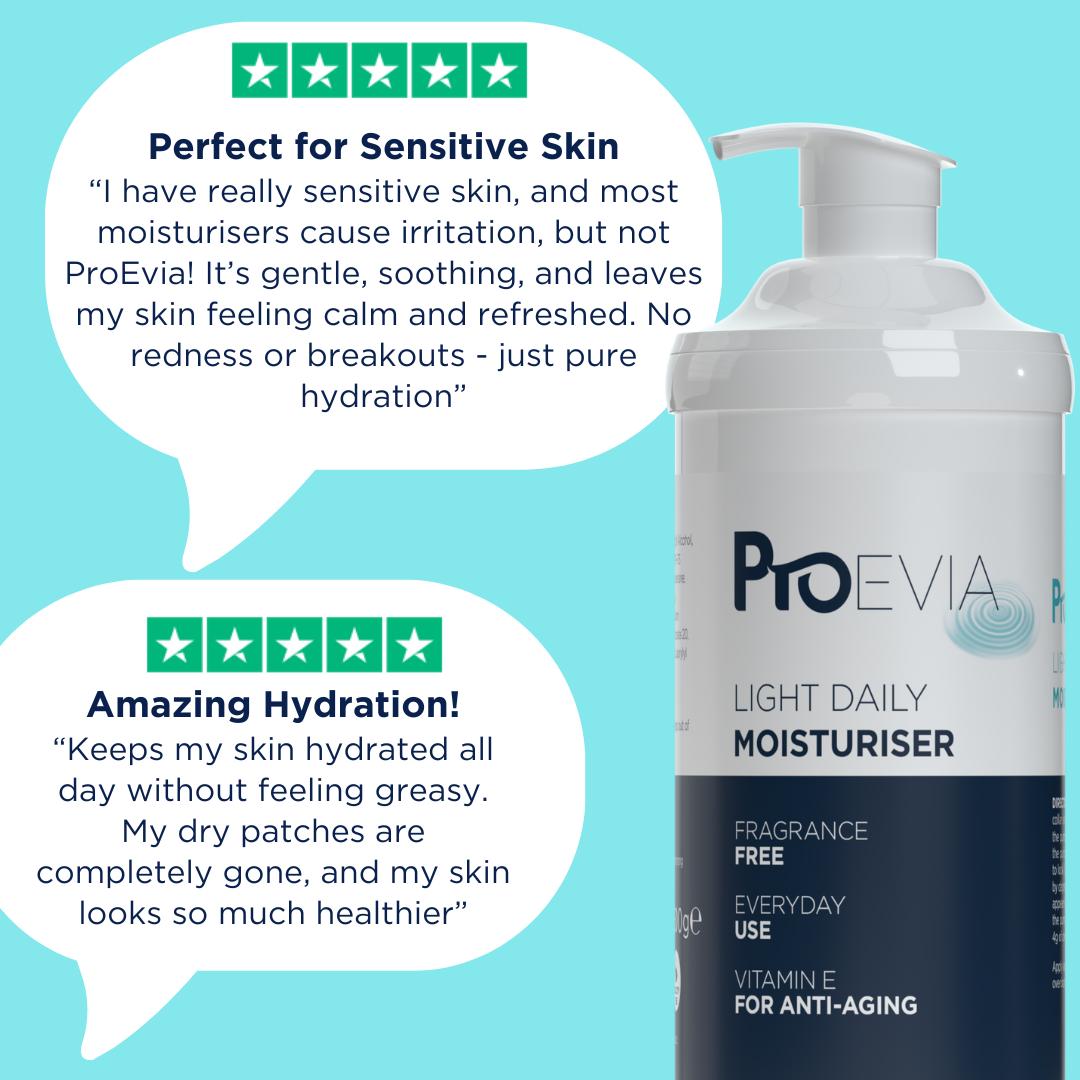 ProEvia Light Daily Moisturiser white pump bottle with customer reviews on a blue background.