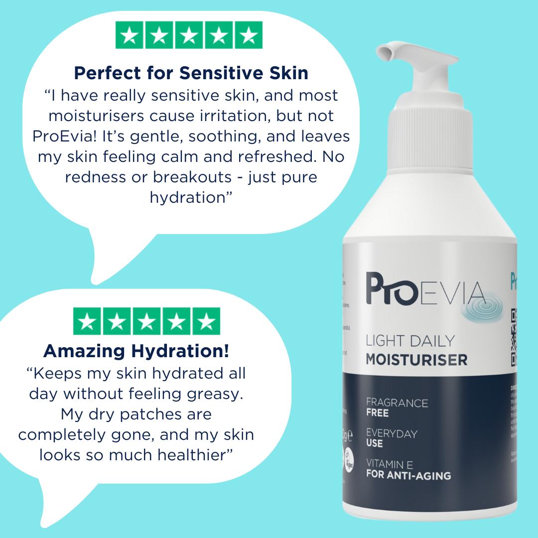 ProEvia Light Daily Moisturiser pump bottle with customer reviews on a blue background