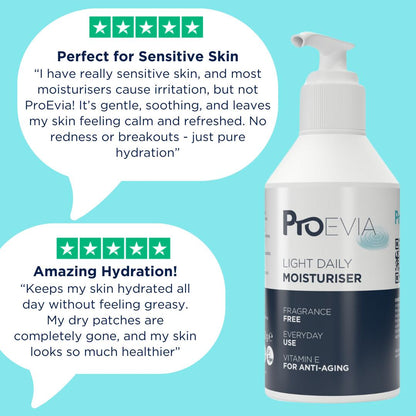 ProEvia Light Daily Moisturiser pump bottle with customer reviews on a blue background