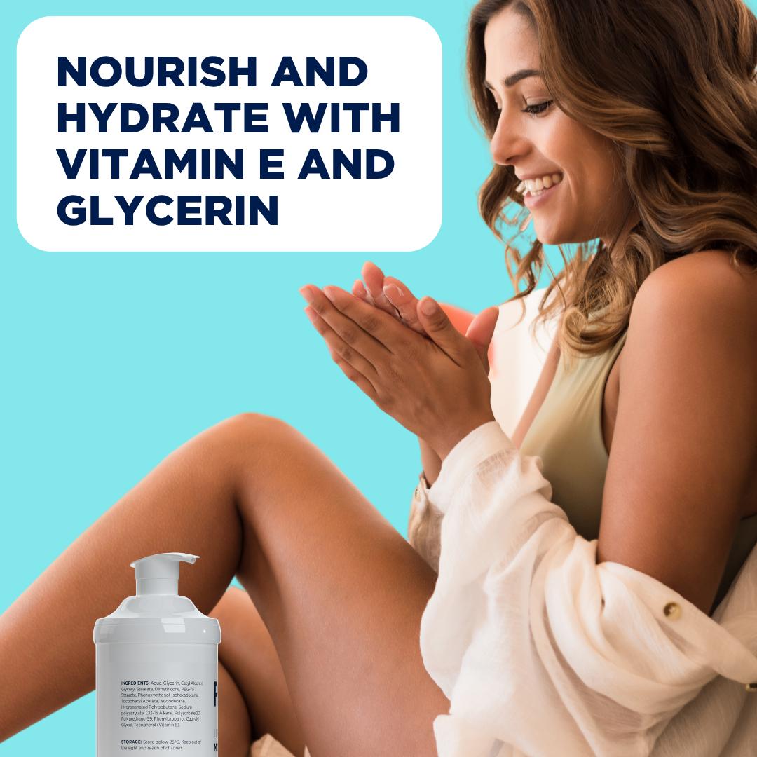 Smiling woman applying ProEvia Light Daily Moisturiser on her hands, next to the pump bottle.