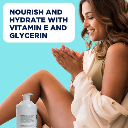 Smiling woman applying ProEvia Light Daily Moisturiser on her hands, next to the pump bottle.