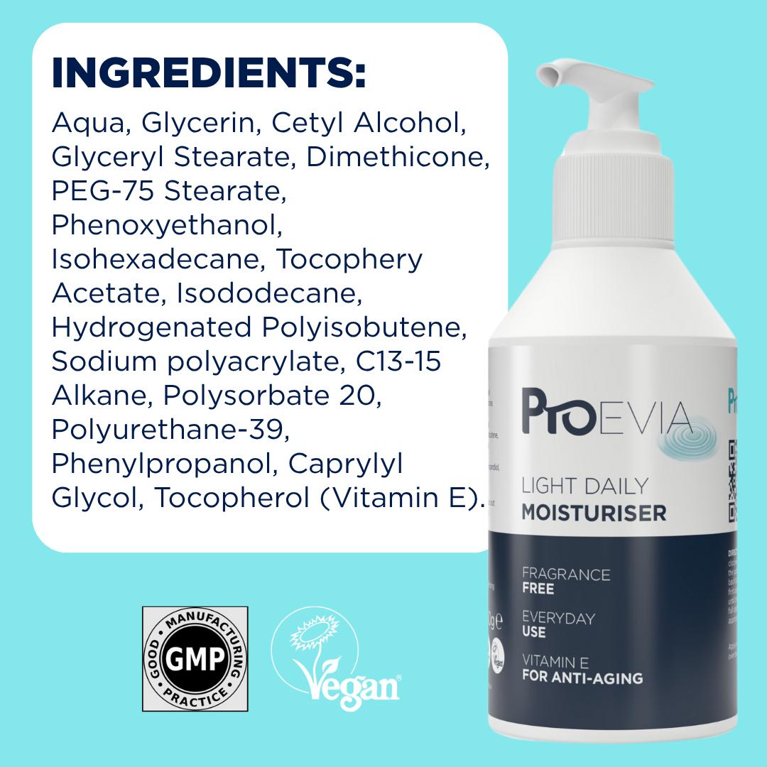 ProEvia Light Daily Moisturiser 250g bottle with pump, ingredients list, and vegan logo.