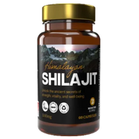 Amber glass bottle of Himalayan Shilajit capsules with a gold lid and black label.
