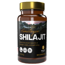 Amber glass bottle of Himalayan Shilajit capsules with a gold lid and black label.