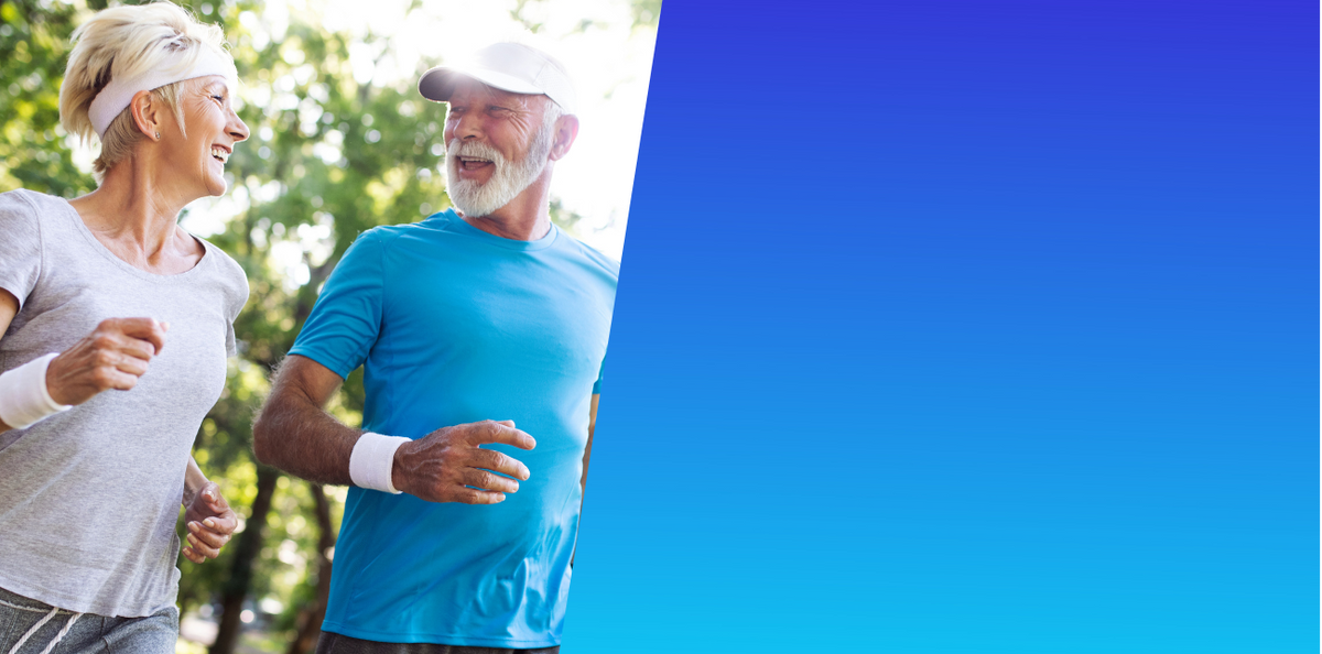 Two older adults jogging outdoors with a blue gradient background