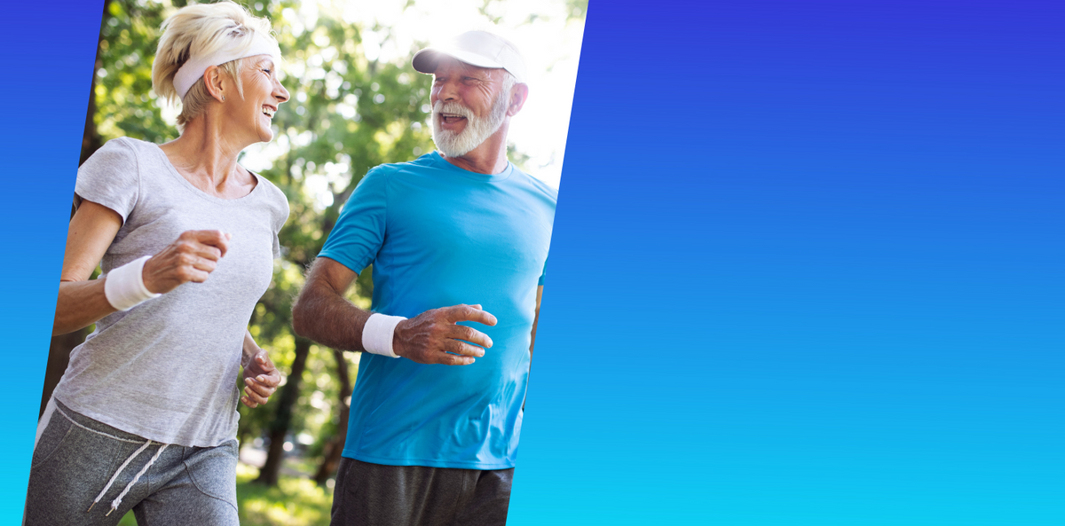 Two older adults jogging outdoors with a blue gradient background