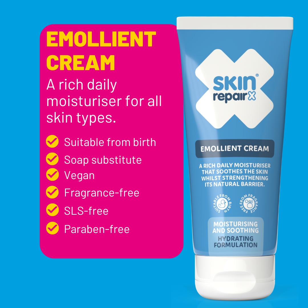 SkinRepairX Emollient Cream blue squeeze tube next to a pink product feature list.