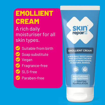 SkinRepairX Emollient Cream blue squeeze tube next to a pink product feature list.