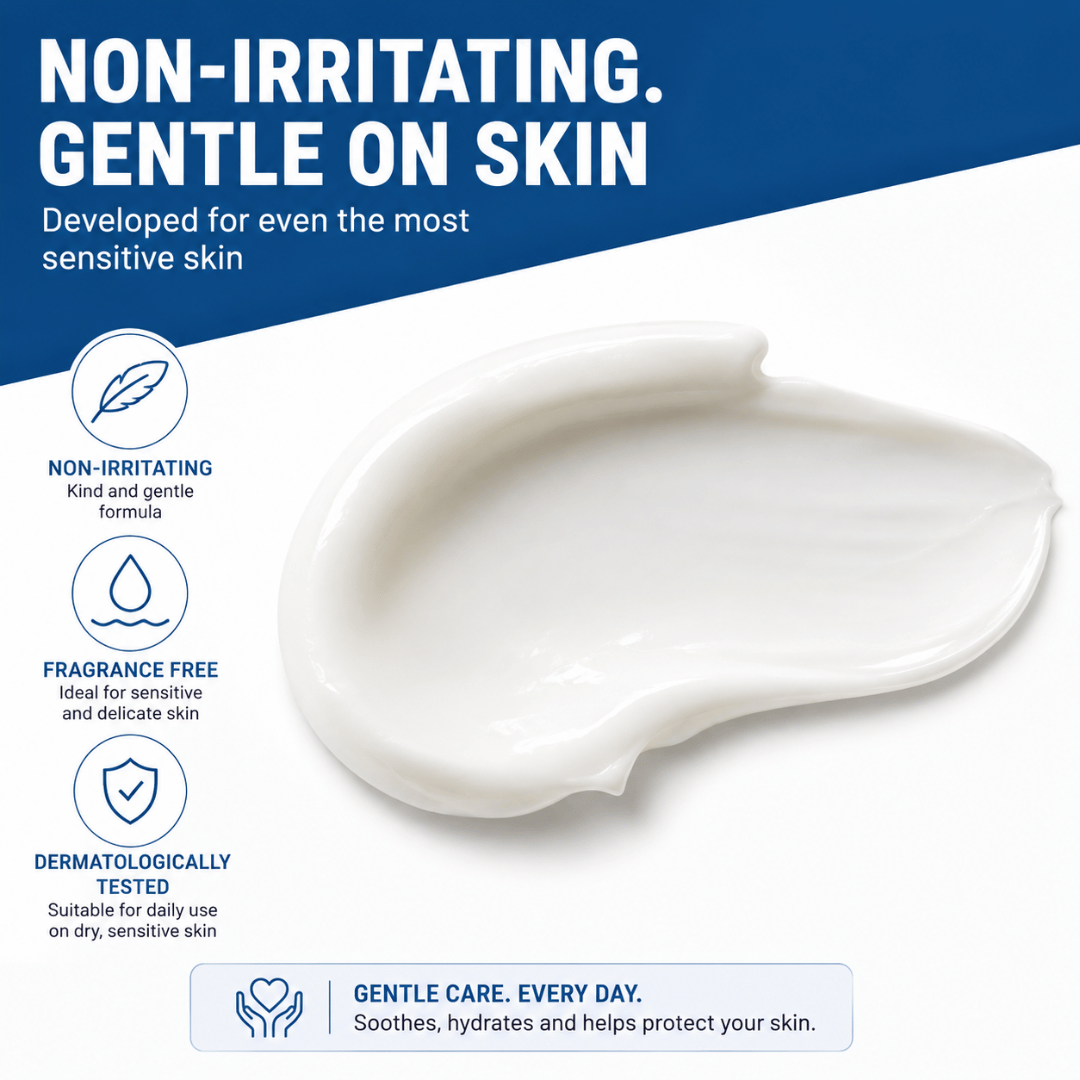 Smooth white ointment smear on a white background with icons highlighting non-irritating, fragrance-free, and tested benefits.
