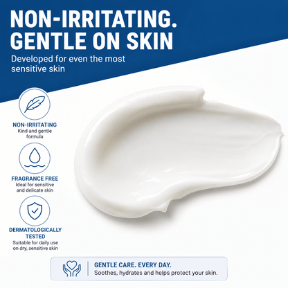 Smooth white ointment smear on a white background with icons highlighting non-irritating, fragrance-free, and tested benefits.
