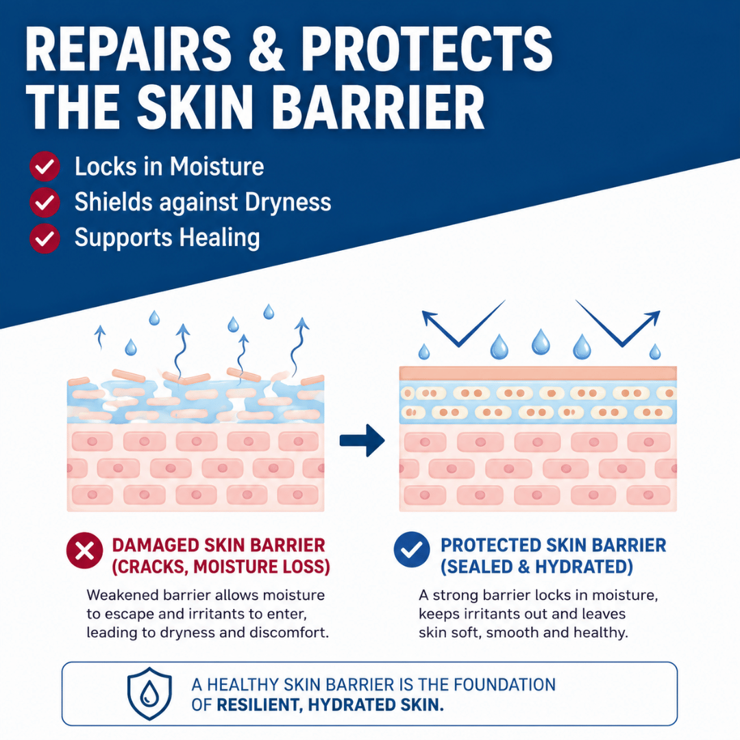 Infographic showing a damaged skin barrier versus a protected, hydrated skin barrier with SkinRepairX healing ointment benefits.