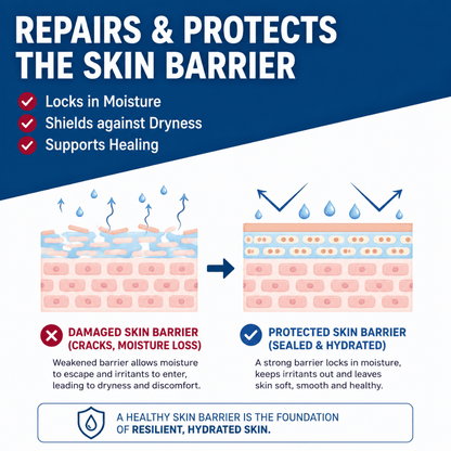 Infographic showing a damaged skin barrier versus a protected, hydrated skin barrier with SkinRepairX healing ointment benefits.