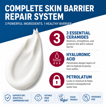 White ointment swirl next to icons highlighting ceramides, hyaluronic acid, and petrolatum benefits for skin repair.