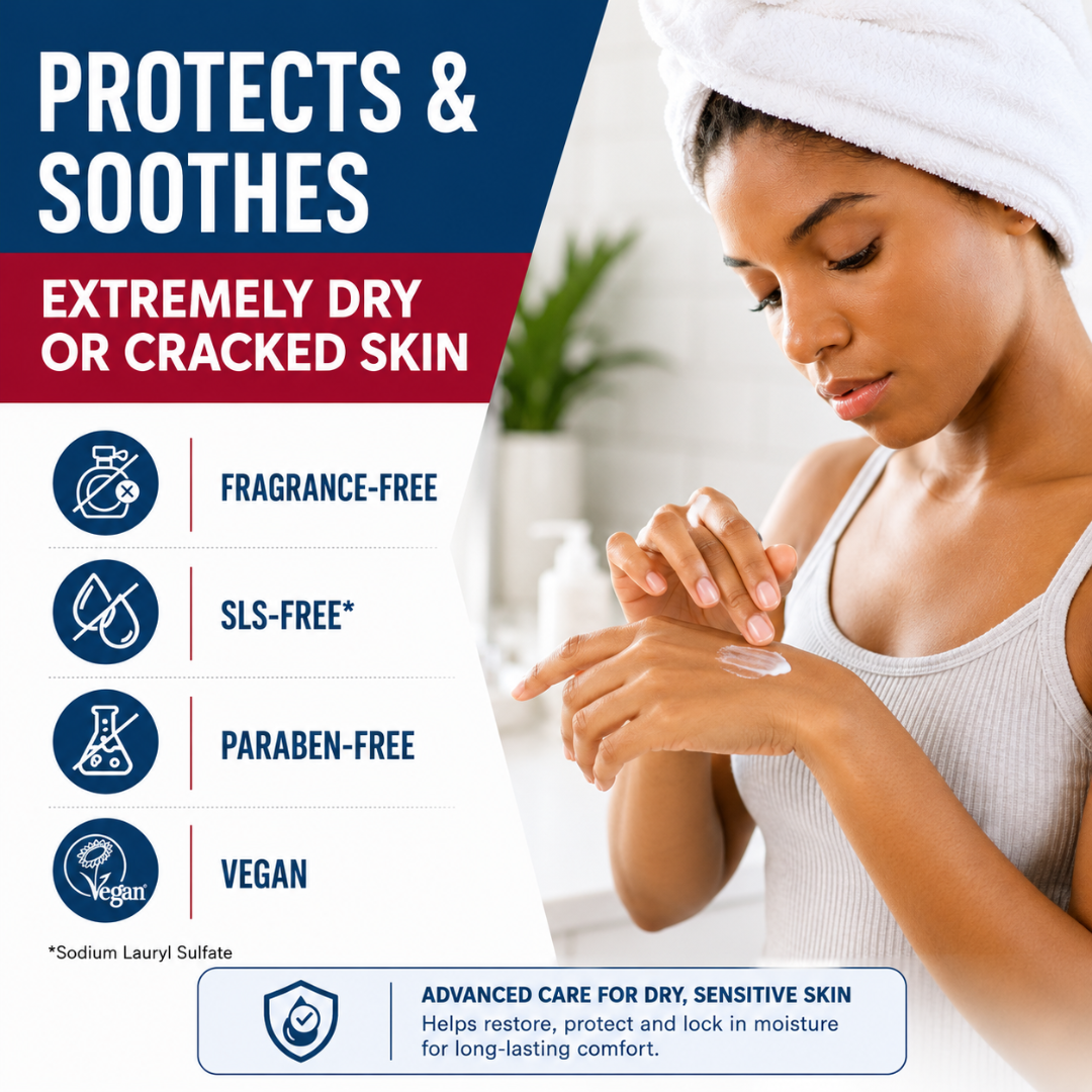 Woman in a towel applying SkinRepairX ointment to her hand, featuring icons for fragrance-free, SLS-free, and vegan benefits.